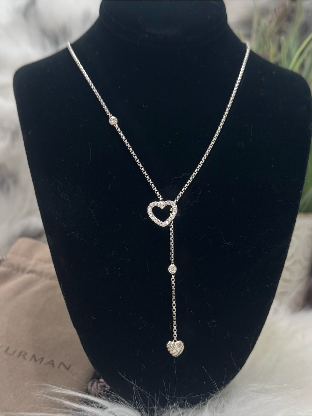 David Yurman Diamond Heart Station Y Lariat Cable Collectibles .925 Necklace